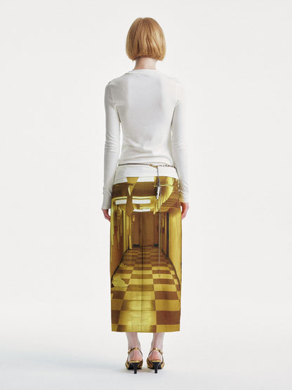 YOSHUYUKI Golden Corridor Print Low Waist Lace Skirt