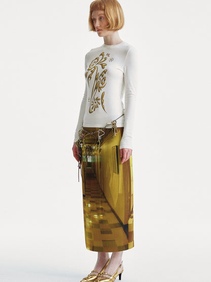 YOSHUYUKI Golden Corridor Print Low Waist Lace Skirt