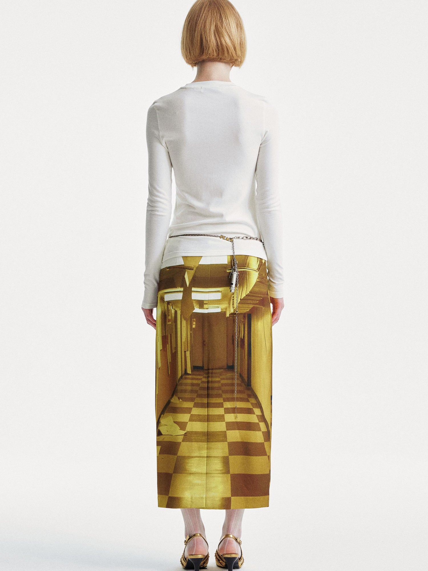 YOSHUYUKI Golden Corridor Print Low Waist Lace Skirt