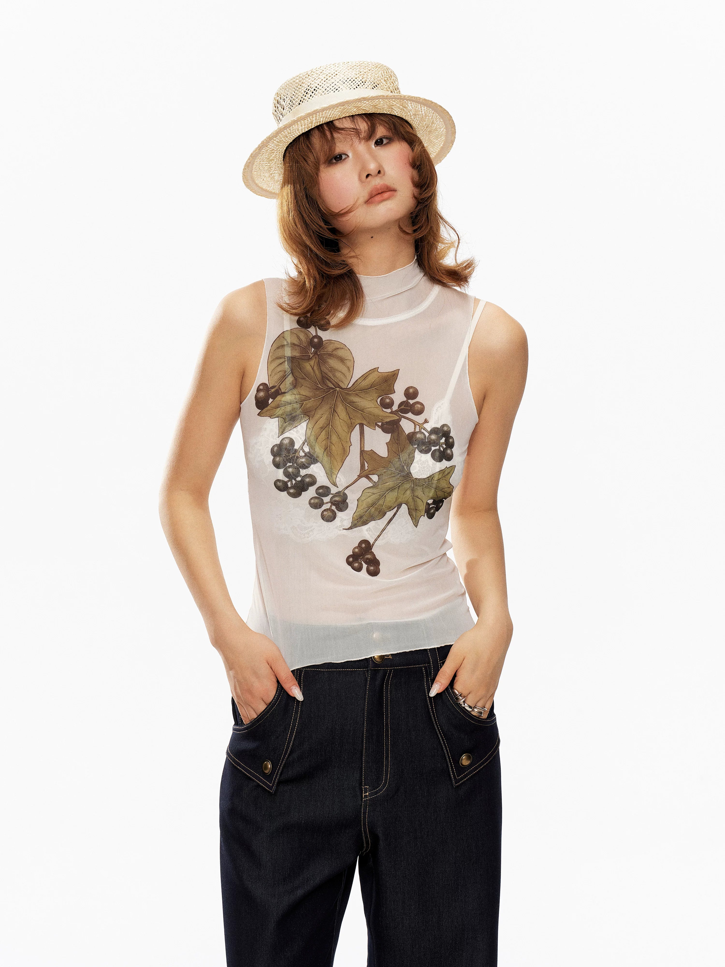 YOSHUYUKI Grape Botanical Floral Print High Neck H Silhouette Women&