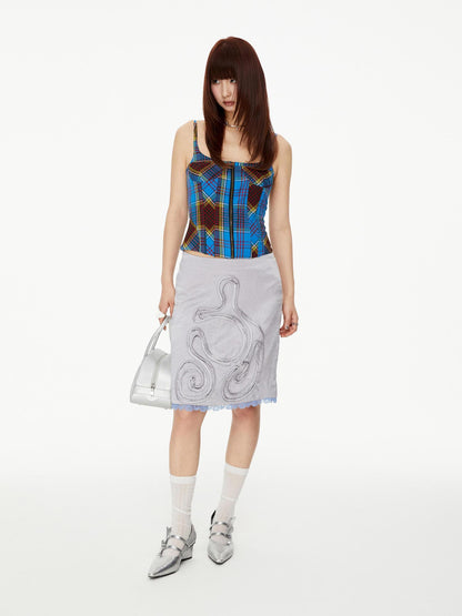 YOSHUYUKI Grey Acetate Pleated Lace Trimmed Skirt
