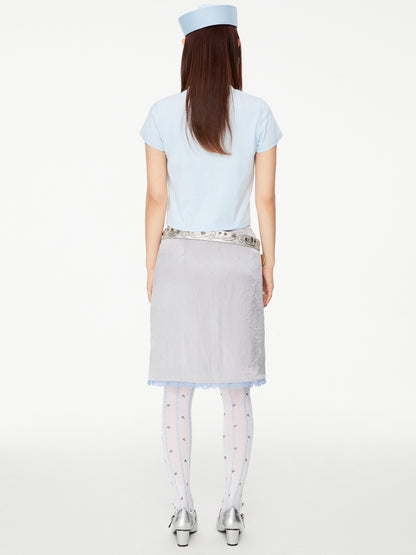 YOSHUYUKI Grey Acetate Pleated Lace Trimmed Skirt