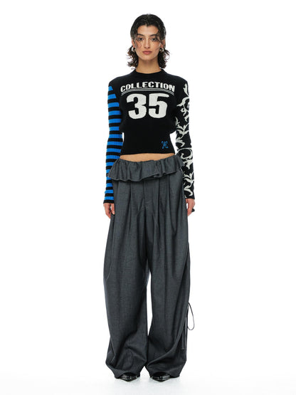 YOSHUYUKI Grey Wool Tapered Trousers With Lace Trim