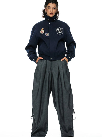 Grey Wool Tapered Trousers With Lace Trim