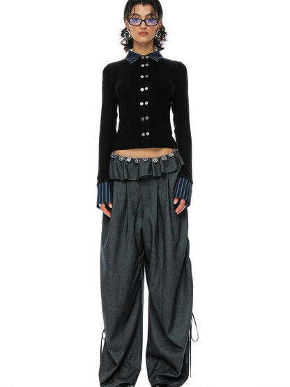 YOSHUYUKI Grey Wool Tapered Trousers With Lace Trim