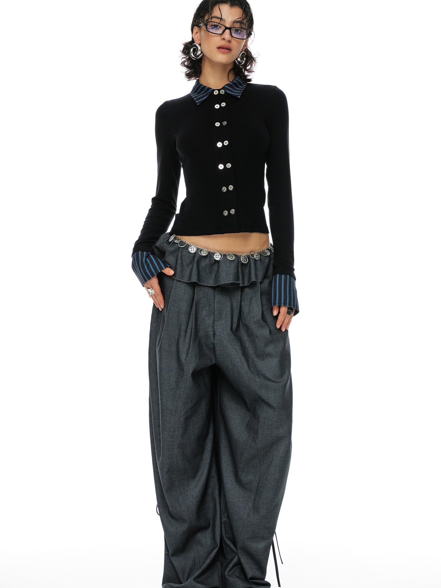 YOSHUYUKI Grey Wool Tapered Trousers With Lace Trim