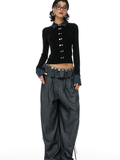 YOSHUYUKI Grey Wool Tapered Trousers With Lace Trim