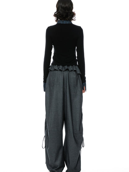 YOSHUYUKI Grey Wool Tapered Trousers With Lace Trim