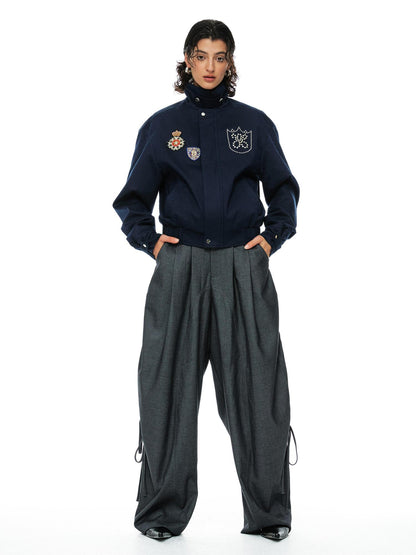 YOSHUYUKI Grey Wool Tapered Trousers With Lace Trim