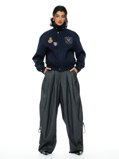 Grey Wool Tapered Trousers With Lace Trim