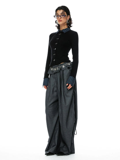 Grey Wool Tapered Trousers With Lace Trim