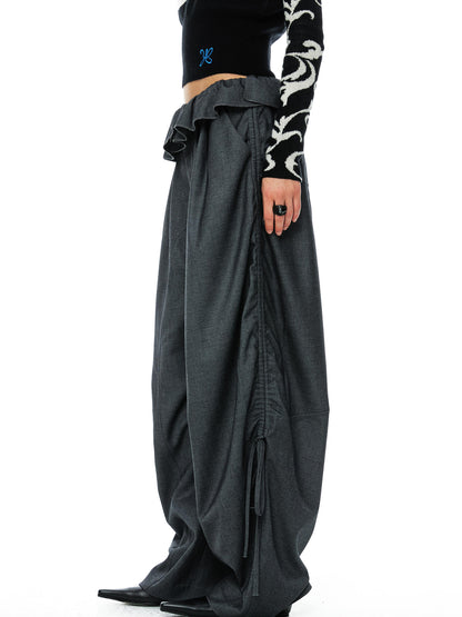 YOSHUYUKI Grey Wool Tapered Trousers With Lace Trim