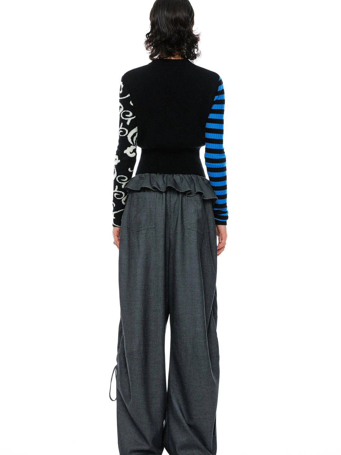 Grey Wool Tapered Trousers With Lace Trim
