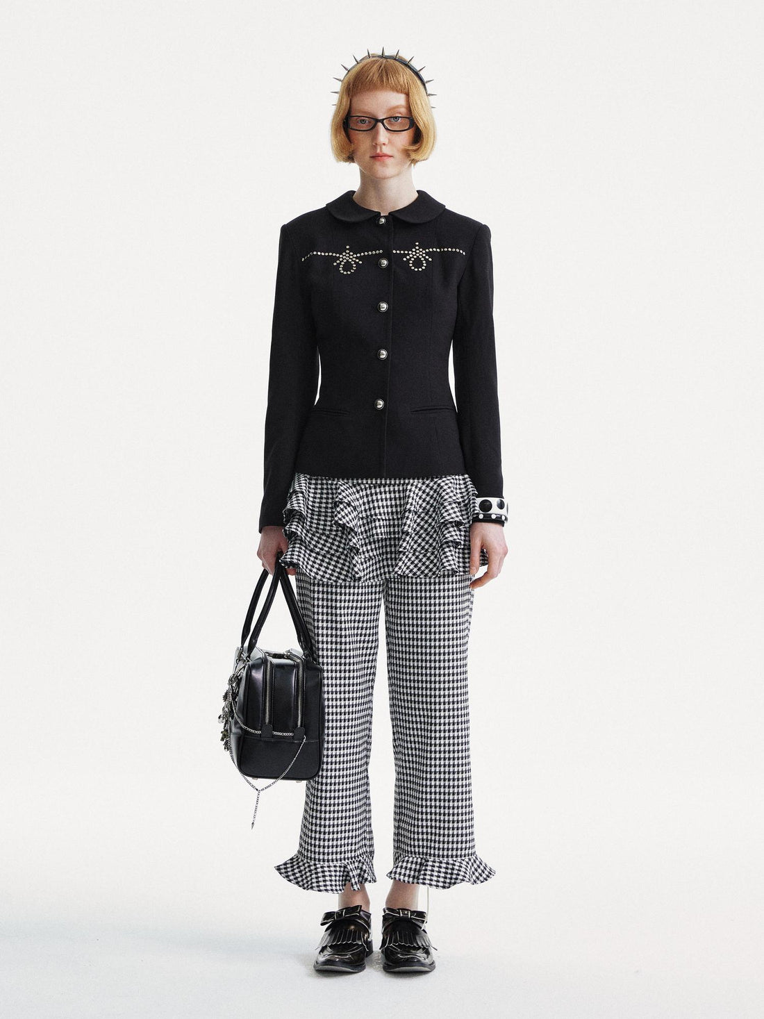 YOSHUYUKI Houndstooth High Waist Lace Trim Culottes