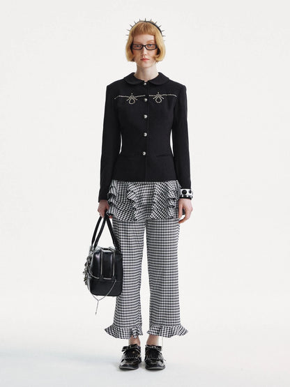 Houndstooth High Waist Lace Trim Culottes