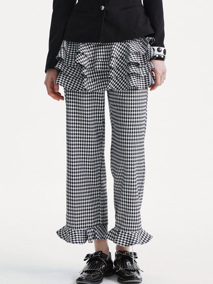 YOSHUYUKI Houndstooth High Waist Lace Trim Culottes