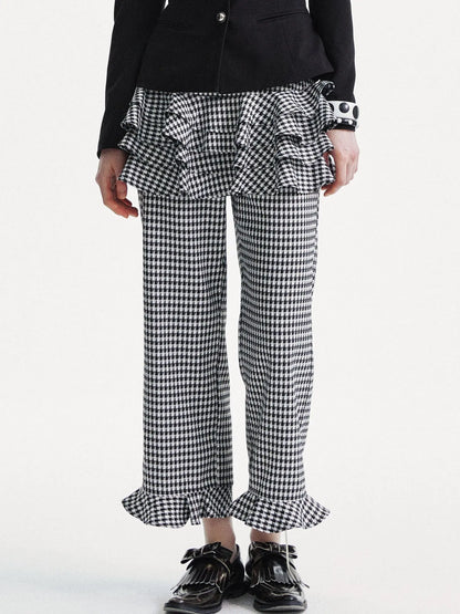 Houndstooth High Waist Lace Trim Culottes