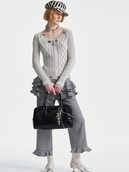 YOSHUYUKI Houndstooth High Waist Lace Trim Culottes