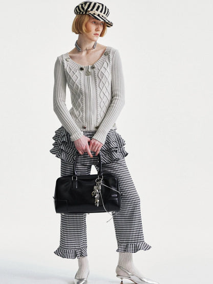 Houndstooth High Waist Lace Trim Culottes