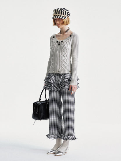 YOSHUYUKI Houndstooth High Waist Lace Trim Culottes
