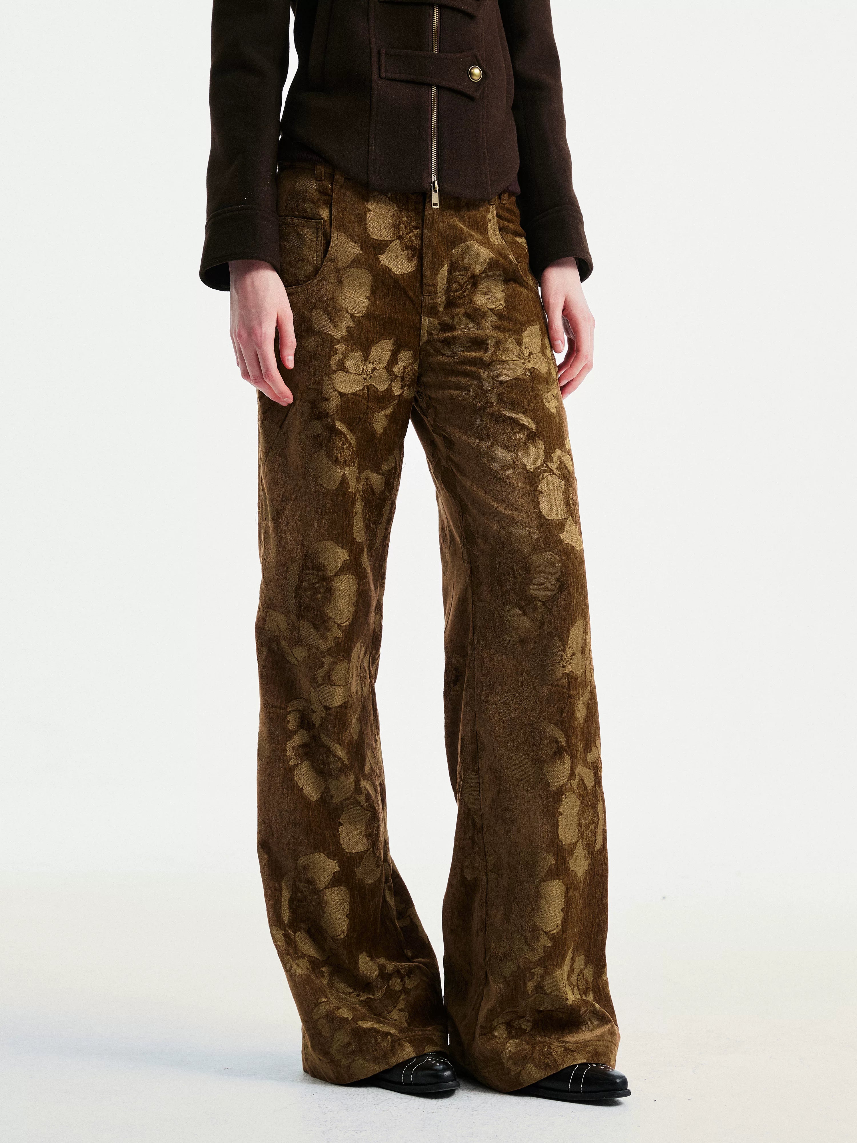 YOSHUYUKI Jacquard Floral Straight Leg Natural Waist Zipper Unisex Rayon Blend Pants-1