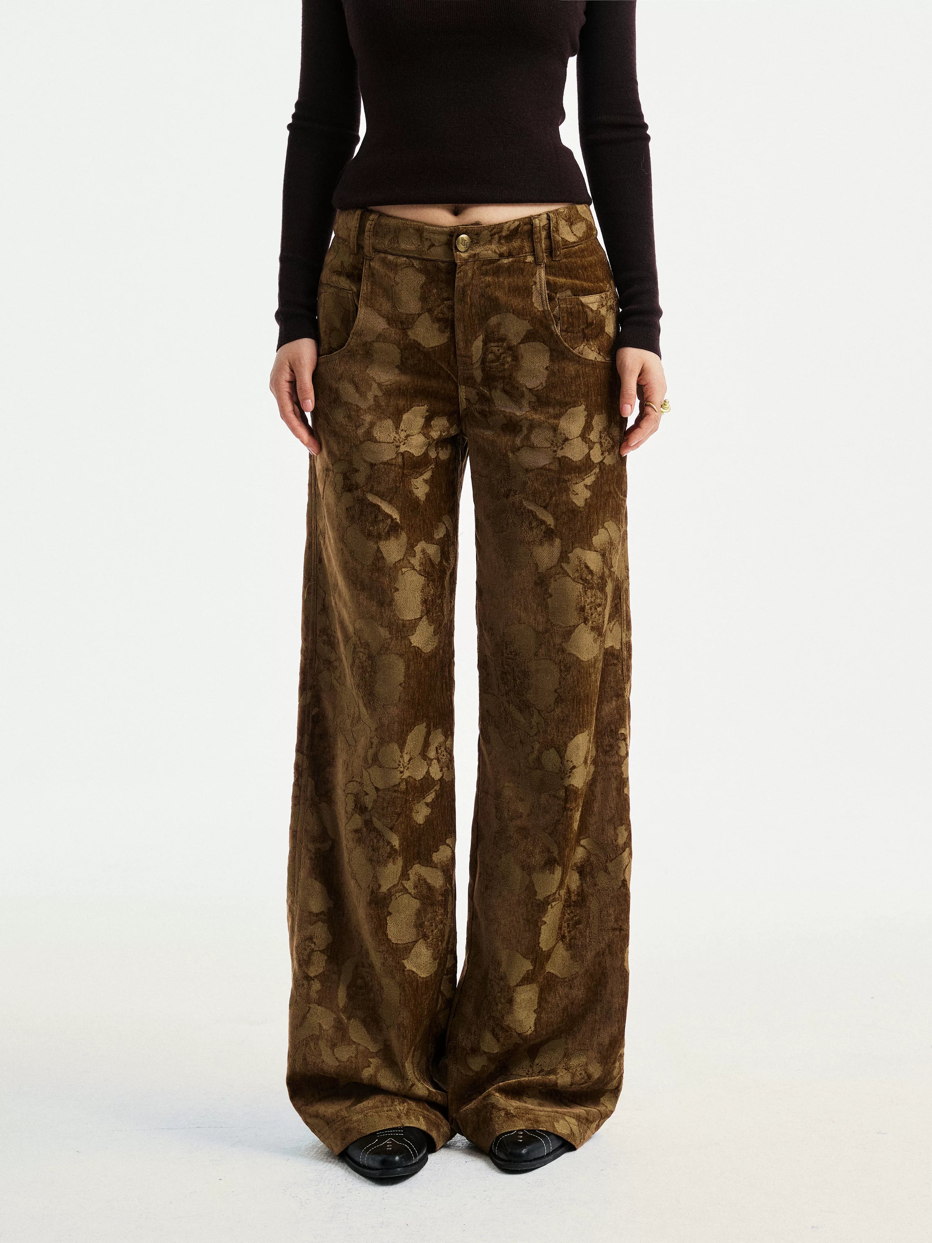 YOSHUYUKI Jacquard Floral Straight Leg Natural Waist Zipper Unisex Rayon Blend Pants-3