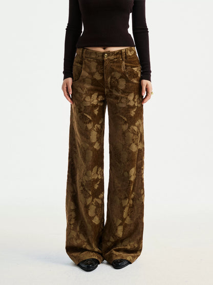 YOSHUYUKI Jacquard Floral Straight Leg Natural Waist Zipper Unisex Rayon Blend Pants-3