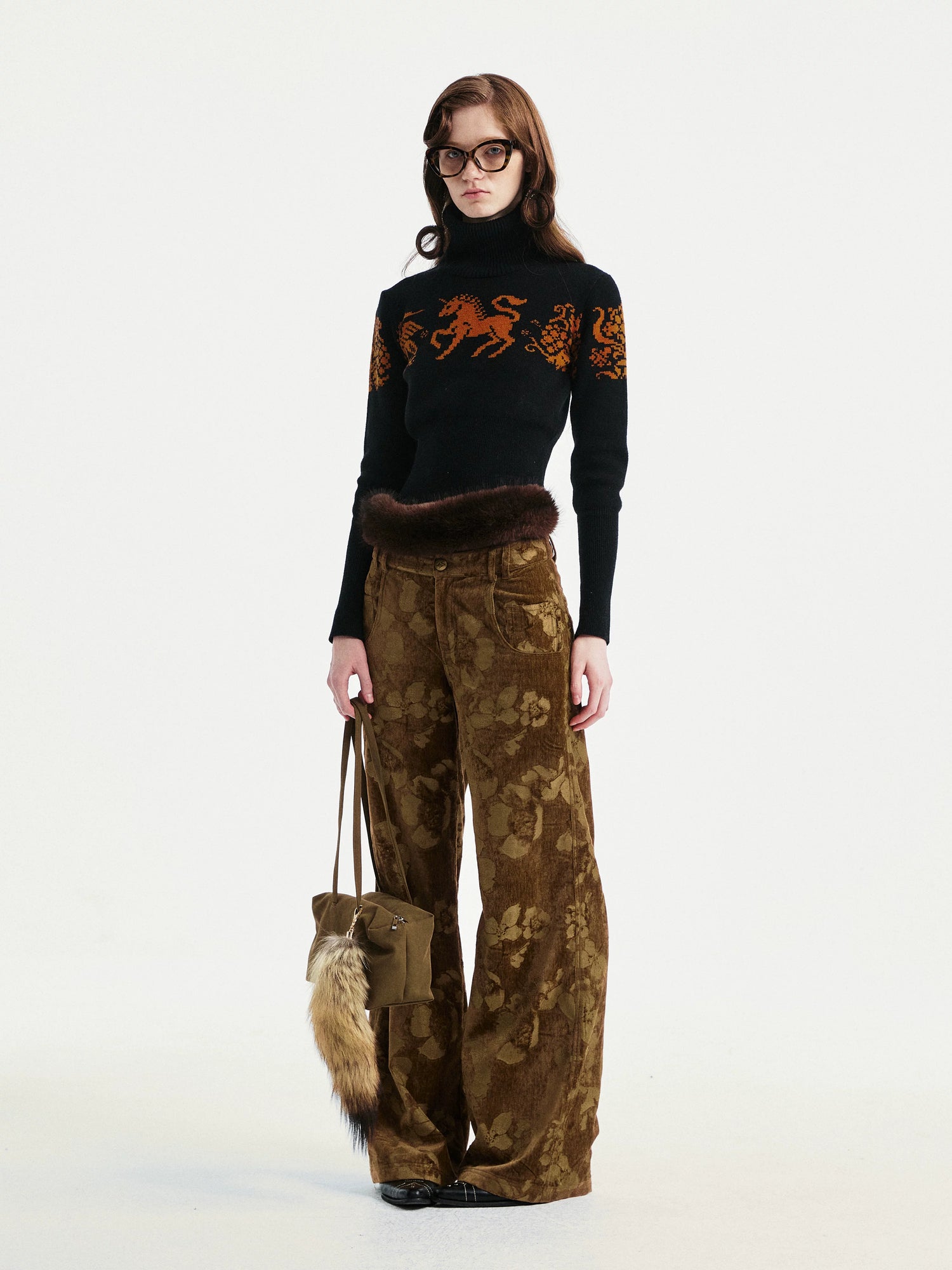 YOSHUYUKI Jacquard Floral Straight Leg Natural Waist Zipper Unisex Rayon Blend Pants-5