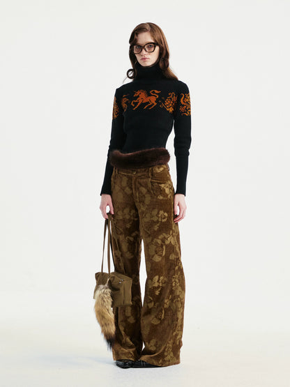 YOSHUYUKI Jacquard Floral Straight Leg Natural Waist Zipper Unisex Rayon Blend Pants-5