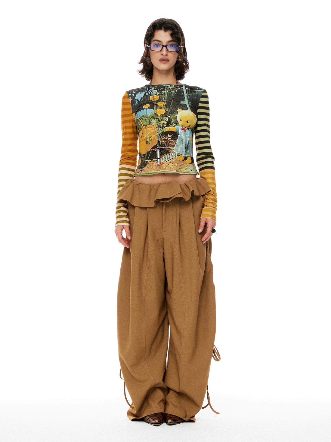 YOSHUYUKI Khaki Lace Ruffle Flared Palazzo Trousers-1