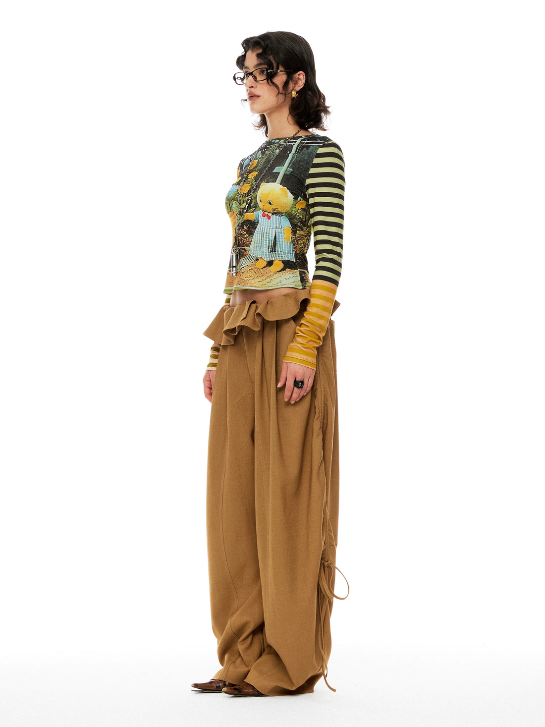 YOSHUYUKI Khaki Lace Ruffle Flared Palazzo Trousers-2