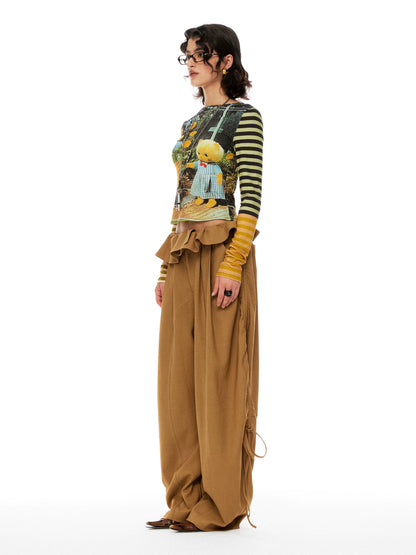 YOSHUYUKI Khaki Lace Ruffle Flared Palazzo Trousers-2