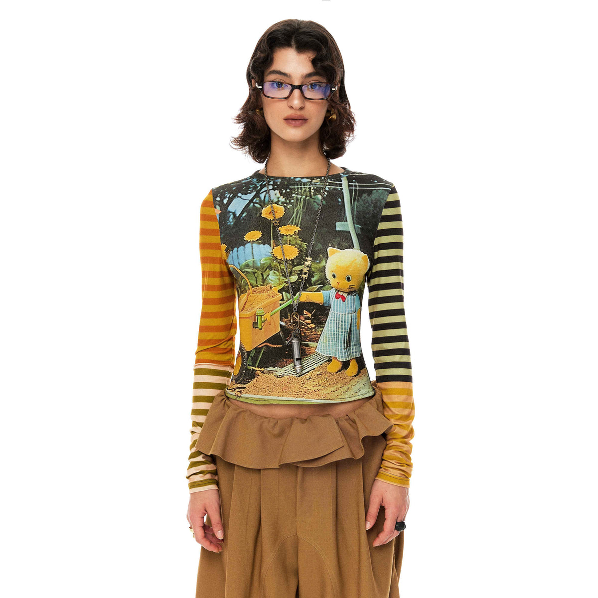 YOSHUYUKI_Kitten_Garden_Print_Striped_Slim_Fit_Lyocell_Women&