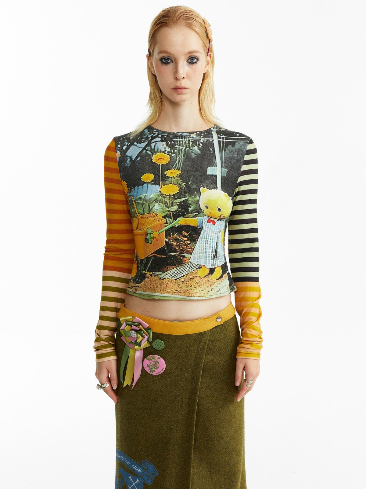 YOSHUYUKI Kitten Garden Print Striped Slim Fit Lyocell Women&