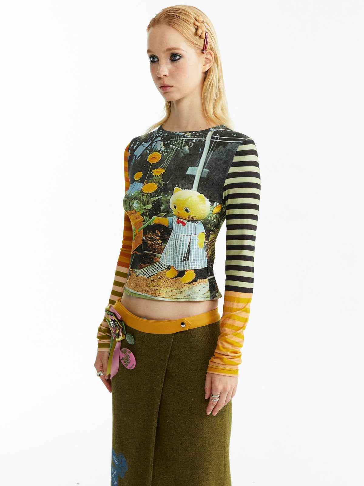 YOSHUYUKI Kitten Garden Print Striped Slim Fit Lyocell Women&