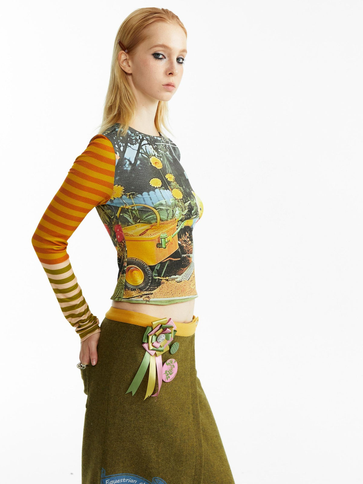 YOSHUYUKI Kitten Garden Print Striped Slim Fit Lyocell Women&