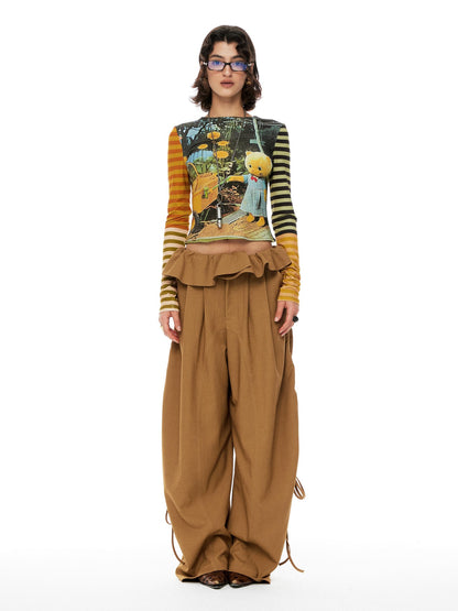 YOSHUYUKI Kitten Garden Print Striped Slim Fit Lyocell Women&