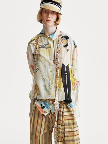 YOSHUYUKI Knight Art Print Rayon Oversize Shirt