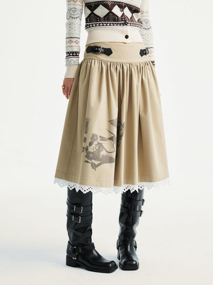 YOSHUYUKI Lace Trim Cleanfit A Line Low Rise Unisex City Walk Printed Camel Midi Skirt