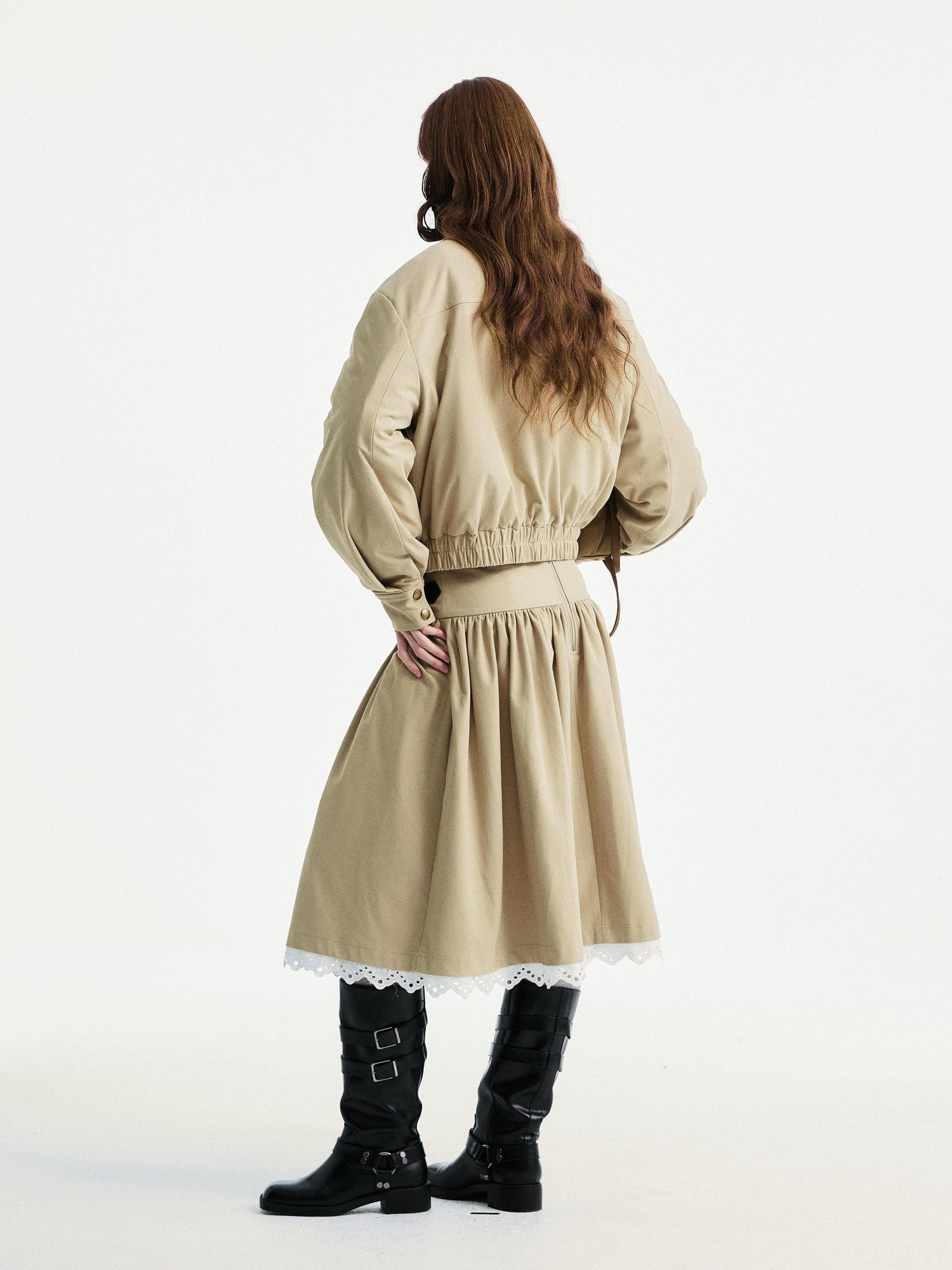 YOSHUYUKI Lace Trim Cleanfit A Line Low Rise Unisex City Walk Printed Camel Midi Skirt