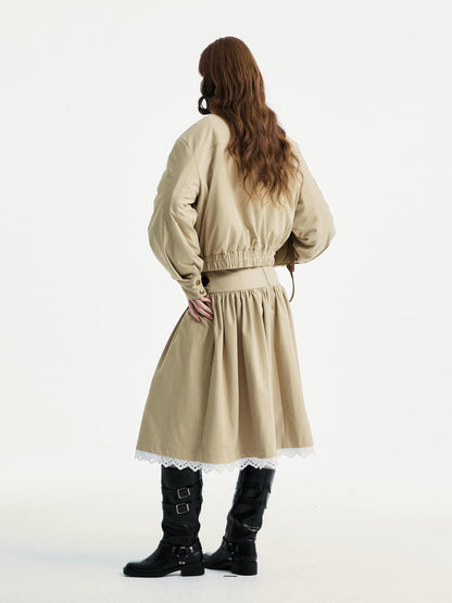 YOSHUYUKI Lace Trim Cleanfit A Line Low Rise Unisex City Walk Printed Camel Midi Skirt