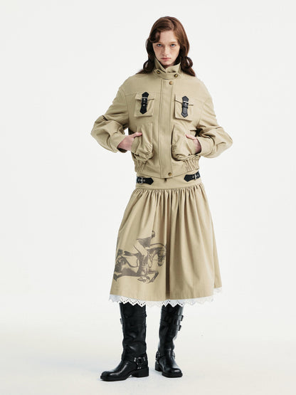 YOSHUYUKI Lace Trim Cleanfit A Line Low Rise Unisex City Walk Printed Camel Midi Skirt