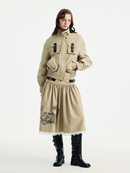 YOSHUYUKI Lace Trim Cleanfit A Line Low Rise Unisex City Walk Printed Camel Midi Skirt