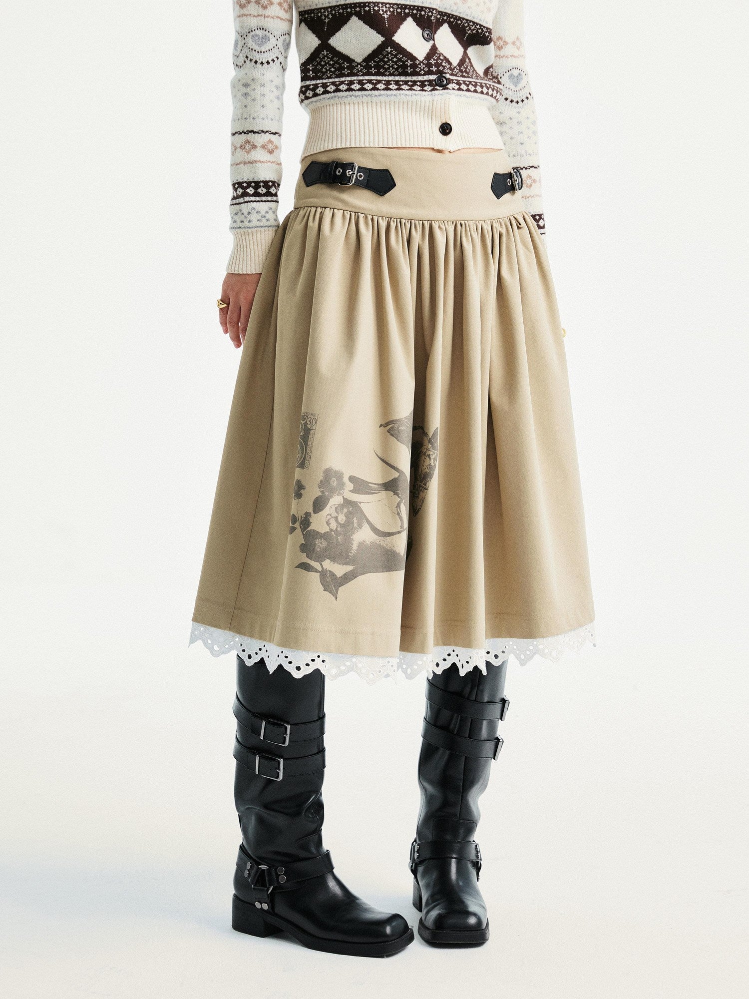 YOSHUYUKI Lace Trim Cleanfit A Line Low Rise Unisex City Walk Printed Camel Midi Skirt