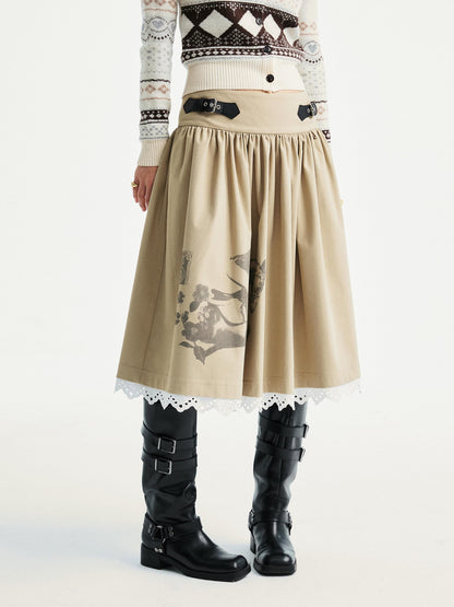 YOSHUYUKI Lace Trim Cleanfit A Line Low Rise Unisex City Walk Printed Camel Midi Skirt