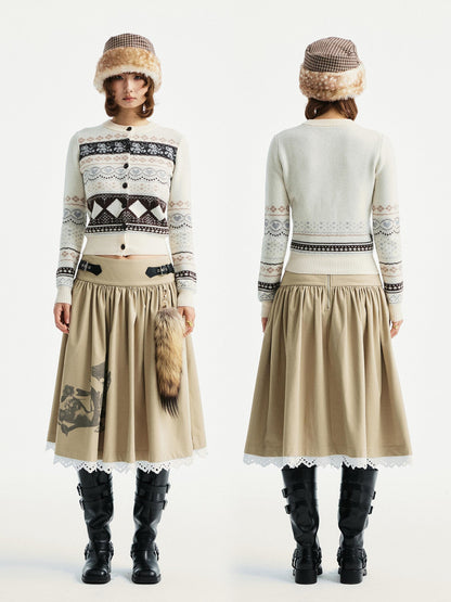 YOSHUYUKI Lace Trim Cleanfit A Line Low Rise Unisex City Walk Printed Camel Midi Skirt