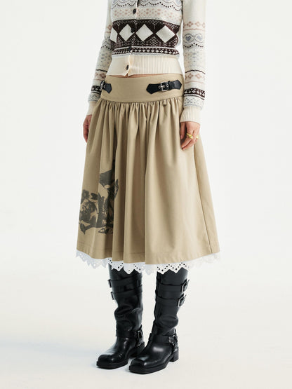 YOSHUYUKI Lace Trim Cleanfit A Line Low Rise Unisex City Walk Printed Camel Midi Skirt