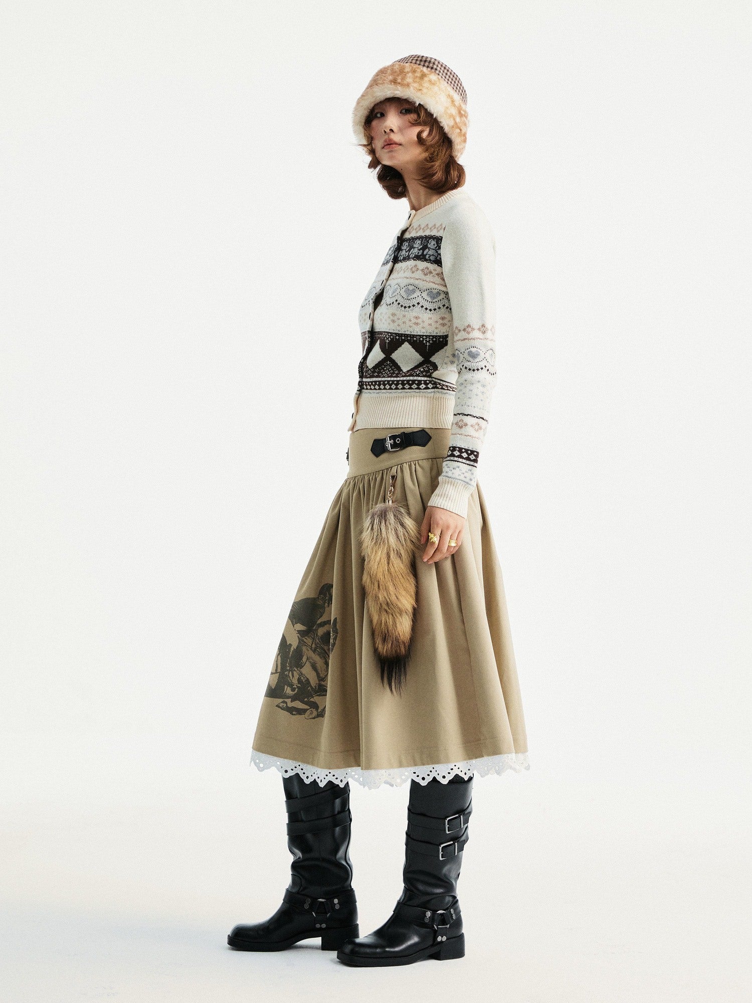 YOSHUYUKI Lace Trim Cleanfit A Line Low Rise Unisex City Walk Printed Camel Midi Skirt