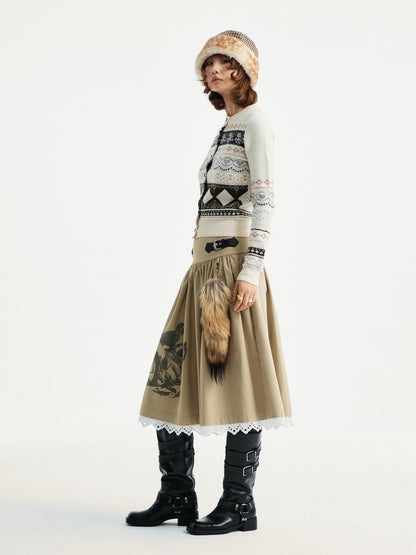 YOSHUYUKI Lace Trim Cleanfit A Line Low Rise Unisex City Walk Printed Camel Midi Skirt