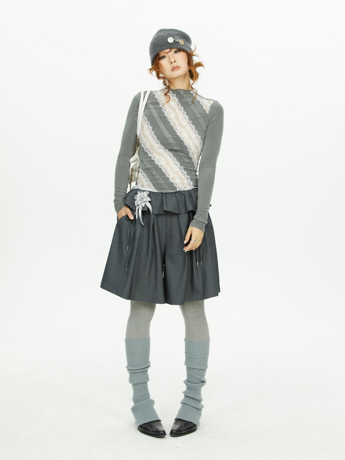 YOSHUYUKI Lace Trim Wide Leg Polyester Women&